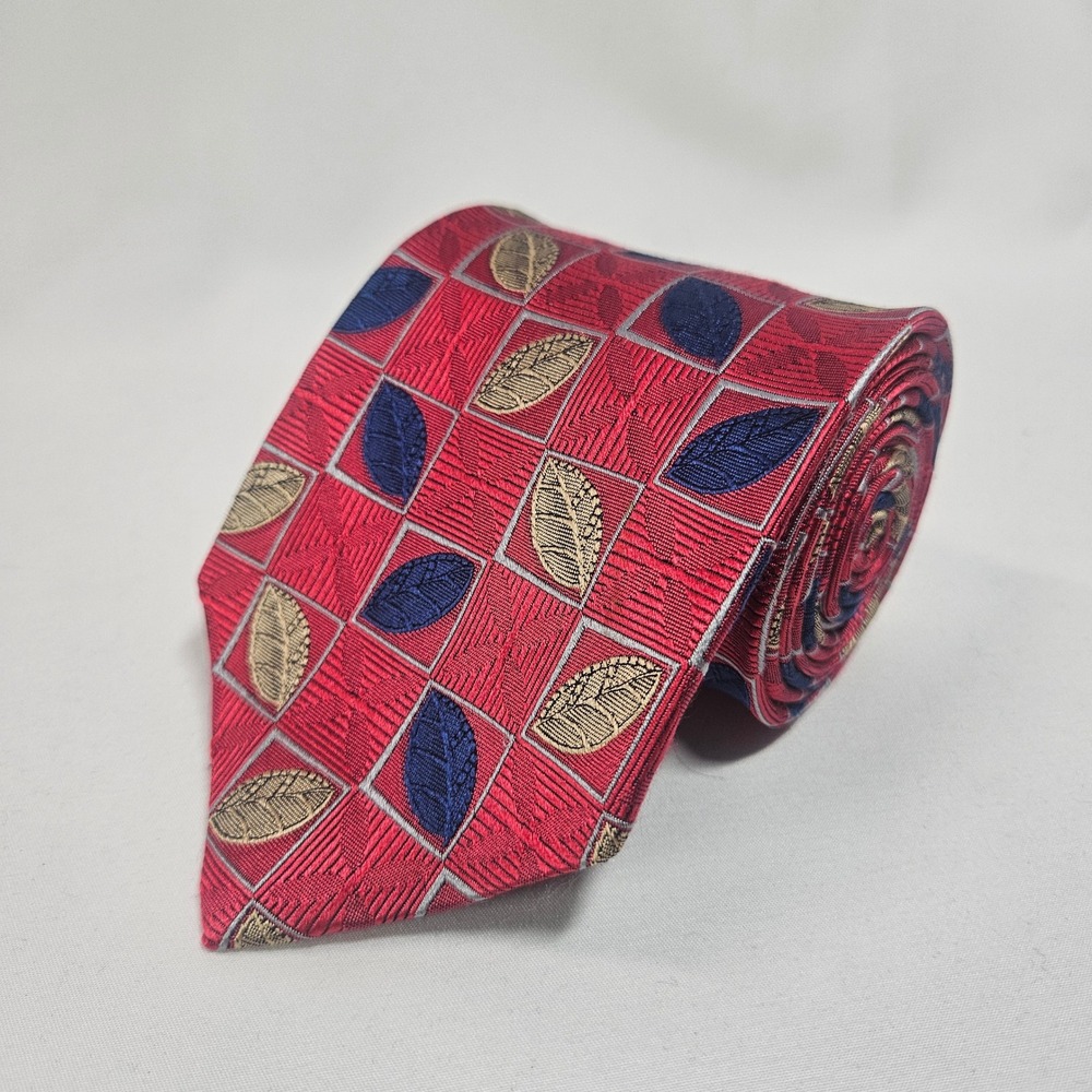 BG&C Mens Red Blue Gold Leaf Pattern 100% Silk Hand Sewn Necktie USA